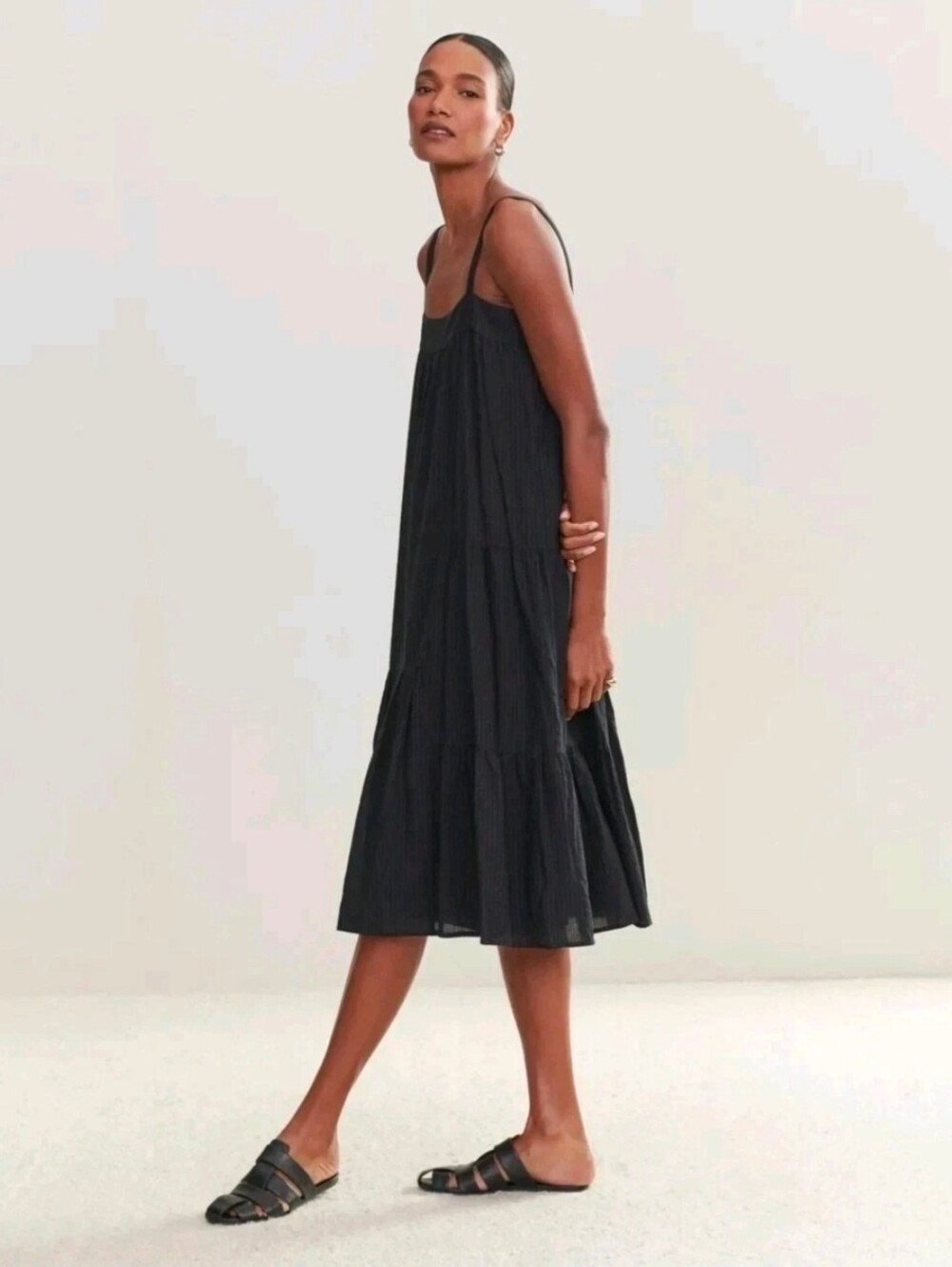 Jenni Kayne Seersucker Tiered Summer Sun Dress Midi In Black Striped Lined Sz S